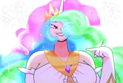 Size: 9000x6075 | Tagged: safe, artist:iceflower99, derpibooru import, princess celestia, human, chuckle, cutie mark, horn, horned humanization, humanized, image, png, text, video at source, video in description
