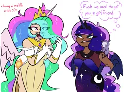 Size: 4350x3240 | Tagged: safe, artist:iceflower99, derpibooru import, princess celestia, princess luna, tiberius, human, cutie mark, horn, horned humanization, humanized, image, implied lesbian, png, text, vulgar, winged humanization, wings