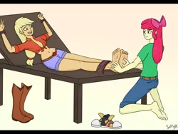 Size: 1600x1200 | Tagged: safe, artist:seltiox, derpibooru import, apple bloom, applejack, adult, apple family member, applecest, barefoot, belly button, blonde hair, bondage, bondage furniture, clothes, feet, female, fetish, image, incest, laughing, midriff, png, red hair, shoes, siblings, sisters, tickle fetish, tickle torture, tickling