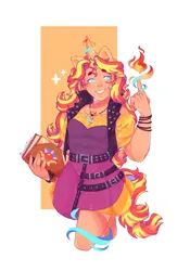 Size: 2048x2925 | Tagged: safe, artist:mashiiiko, derpibooru import, sunset shimmer, human, equestria girls, book, clothes, eyebrows, eyebrows visible through hair, female, g4, geode of empathy, heart, heart eyes, high res, horn, image, magic, magical geodes, passepartout, png, pony ears, signature, skirt, solo, sparkles, sunset's journal, tail, wingding eyes