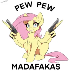 Size: 3000x3000 | Tagged: safe, artist:skitsniga, derpibooru import, fluttershy, pegasus, pony, dual wield, gun, image, png, solo, weapon, wing hands, wings