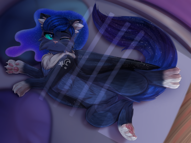 Size: 3000x2250 | Tagged: safe, artist:taiweiart, derpibooru import, princess luna, alicorn, cat, pony, bed, blue eyes, blue mane, blue tail, catified, chest fluff, crepuscular rays, cushion, cute, digital art, ear fluff, ethereal mane, ethereal tail, female, flowing mane, flowing tail, folded wings, g4, high res, image, lying down, mare, moonlight, one eye closed, paws, png, sleeping, smiling, solo, sparkles, species swap, stars, tail, wings