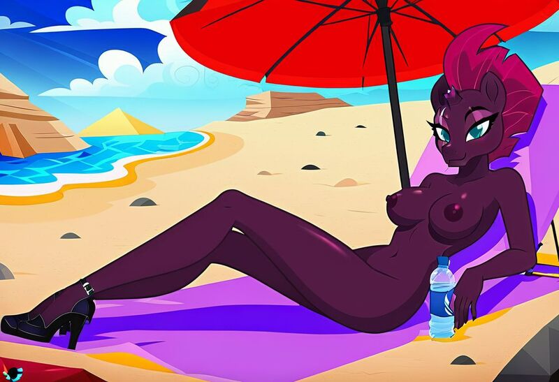Size: 1216x832 | Tagged: questionable, ai content, machine learning generated, stable diffusion, tempest shadow, anthro, unicorn, beach, beach babe, beach towel, black high heels, busty tempest shadow, desert, exhibitionism, flirty, inviting, jpeg, lying down, nude beach, nudity, pinup, sand dune, seductive pose, sexy, smiling, solo, sunbathing, towel, umbrella, water bottle