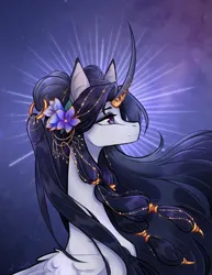Size: 1687x2184 | Tagged: safe, artist:alinquilz, derpibooru import, oc, unofficial characters only, alicorn, pony, beautiful, cloud, curved horn, cute, digital art, ethereal mane, eyeshadow, feather, female, flower, flower in hair, flowing mane, folded wings, g4, high res, horn, image, jewelry, lidded eyes, long hair, makeup, mare, moon, moonlight, png, purple eyes, purple mane, regalia, signature, sky, smiling, solo, starry mane, stars, wind, windswept mane, wings