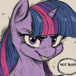 Size: 1536x1536 | Tagged: safe, ai content, derpibooru import, machine learning generated, prompter:enterusxrname, twilight sparkle, unicorn, evil grin, g4, grin, image, jpeg, manga style, smiling, solo, twilight snapple, unicorn twilight