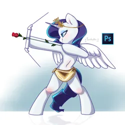 Size: 3003x3000 | Tagged: safe, artist:persikulka, derpibooru import, rarity, pony, unicorn, arrow, bipedal, bow (weapon), bow and arrow, cupid, dexterous hooves, fake wings, female, flower, high res, hoof hold, horn, image, knee blush, laurel wreath, lidded eyes, mare, photoshop, png, rose, simple background, smiling, solo, weapon, white background