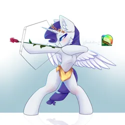 Size: 3000x3000 | Tagged: safe, alternate version, artist:persikulka, derpibooru import, rarity, pony, unicorn, arrow, belly, bipedal, bow (weapon), bow and arrow, cupid, dexterous hooves, fake wings, female, flower, high res, hoof hold, horn, image, knee blush, laurel wreath, lidded eyes, mare, paint tool sai, png, ribcage, rose, simple background, smiling, solo, weapon, white background