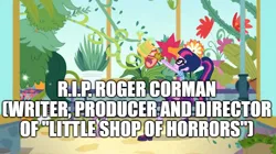Size: 888x499 | Tagged: safe, derpibooru import, edit, edited screencap, screencap, sci-twi, twilight sparkle, human, equestria girls, equestria girls series, my little shop of horrors, audrey 2, g4, image, in memoriam, little shop of horrors, my little pony equestria girls: better together, plant, png, rest in peace, roger corman
