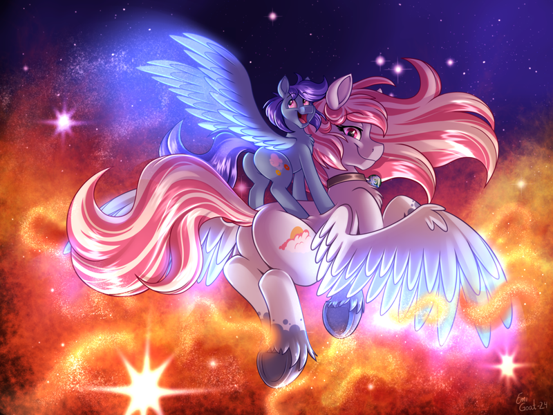 Size: 1600x1200 | Tagged: safe, artist:sugaryviolet, derpibooru import, oc, oc:evening skies, oc:sierra nightingale, artificial wings, augmented, cutie mark, giga, image, macro, magic, magic wings, mega, png, pony bigger than a galaxy, pony bigger than a solar system, wing magic, wings