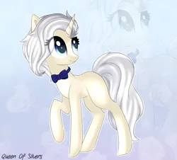 Size: 2173x1968 | Tagged: safe, artist:queenofsilvers, derpibooru import, oc, unofficial characters only, pony, unicorn, art trade, bowtie, eye clipping through hair, female, horn, image, looking sideways, mare, png, raised hoof, smiling, solo, tail, unicorn oc, zoom layer