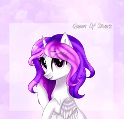 Size: 2173x2077 | Tagged: safe, artist:queenofsilvers, derpibooru import, oc, unofficial characters only, alicorn, pony, alicorn oc, art trade, ear fluff, eye clipping through hair, eyebrows, eyebrows visible through hair, female, folded wings, horn, image, looking at you, mare, png, smiling, smiling at you, solo, wings