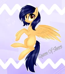 Size: 1593x1821 | Tagged: safe, artist:queenofsilvers, derpibooru import, oc, oc:vega light, unofficial characters only, pegasus, pony, female, flying, image, looking at you, mare, pegasus oc, png, signature, smiling, smiling at you, solo, spread wings, tail, wings