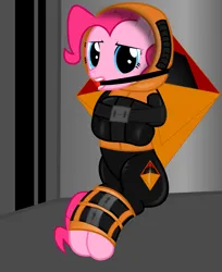 Size: 2000x2448 | Tagged: safe, artist:cardshark777, derpibooru import, pinkie pie, earth pony, pony, ballgag, bondage, bound and gagged, clothes, female, g4, gag, helpless, hood, image, keyhole, latex, latex suit, lock, looking at you, mare, png, prisoner, sitting, solo, straitjacket, straps, suit, symbol
