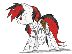 Size: 3323x2500 | Tagged: safe, artist:blackjackpone, artist:ncmares, edit, oc, oc:blackjack, unofficial characters only, cyborg, pony, unicorn, fallout equestria, fallout equestria: project horizons, fanfic, armor, bag, fanfic art, female, hooves, horn, image, level 1 (project horizons), mare, png, raised hoof, saddle bag, simple background, sketch, small horn, solo, solo female, transparent background, unicorn oc