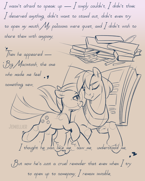 Size: 1730x2160 | Tagged: safe, artist:jewellier, derpibooru import, part of a set, big macintosh, marble pie, earth pony, pony, series:ask the pie sisters, ask, book, comic, duo, english, female, g4, image, implied marblemac, implied shipping, implied straight, ink, male, mare, png, sketch, stain, stallion, text, translation