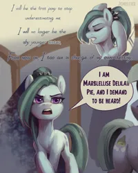 Size: 1730x2160 | Tagged: safe, artist:jewellier, derpibooru import, part of a set, limestone pie, marble pie, earth pony, pony, series:ask the pie sisters, alternate hairstyle, ask, comic, english, female, g4, image, ink, inky pie, marble, mare, png, ponytail, quill, speech bubble, stain, text, translation
