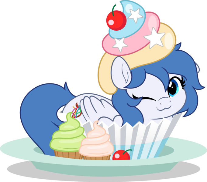 Size: 5671x5000 | Tagged: safe, artist:jhayarr23, derpibooru import, oc, oc:graceful motion, pegasus, cupcake, cute, food, image, looking at you, one eye closed, png, simple background, wink, winking at you