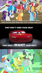 Size: 1000x1720 | Tagged: safe, derpibooru import, edit, edited screencap, editor:incredibubbleirishguy, screencap, applejack, rainbow dash, rarity, a canterlot wedding, the cart before the ponies, angry, apology, car, cars (pixar), denied, furious, g4, guilty, horrified, image, implied apple bloom, implied cutie mark crusaders, implied scootaloo, implied sweetie belle, lightning mcqueen, png, racecar, sad