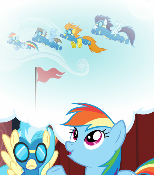 Size: 1920x2173 | Tagged: safe, composite screencap, derpibooru import, edit, edited screencap, screencap, misty fly, rainbow dash, soarin', spitfire, wind rider, pegasus, pony, rarity investigates, clothes, g4, image, png, uniform, wonderbolts uniform