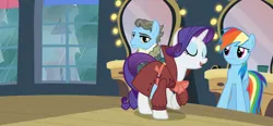 Size: 2334x1080 | Tagged: safe, composite screencap, derpibooru import, edit, edited screencap, screencap, rainbow dash, rarity, wind rider, pegasus, pony, unicorn, rarity investigates, clothes, detective rarity, g4, horn, image, png, trenchcoat