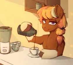 Size: 1562x1391 | Tagged: safe, artist:chevapchichi_, derpibooru import, oc, unofficial characters only, earth pony, pony, coffee, coffee cup, coffee machine, coffee mug, cup, dark skin, earth pony oc, image, liquid, mug, pigtails, png, shelf, shelves, solo, table