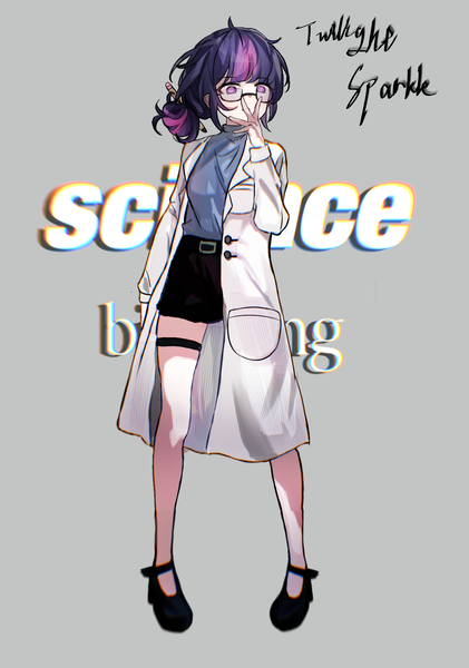 Size: 1341x1911 | Tagged: safe, artist:球球泥棍, derpibooru import, sci-twi, twilight sparkle, human, belt, clothes, glasses, gray background, image, png, science, scientist, shirt, shoes, simple background, skirt, text