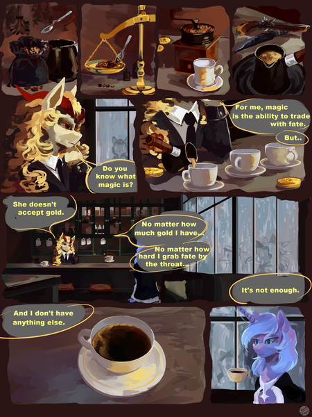 Size: 2268x3024 | Tagged: safe, artist:krapinkaius, derpibooru import, princess luna, oc, oc:golden rosetta rose, alicorn, bicorn, pony, bag, cafe, cigar, clothes, coffee, coffee grinder, coffee pot, coin, comic, cup, ethereal mane, horn, image, knife, libra, magic, magic aura, multiple horns, musket, necktie, photo, pillow, plague doctor mask, png, rain, robe, signature, silhouette, sitting, spoon, suit, table, weapon, window