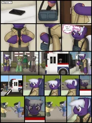 Size: 1750x2333 | Tagged: safe, artist:99999999000, derpibooru import, oc, oc:firearm king, unofficial characters only, earth pony, pony, comic:affection, bus, bus stop, comic, image, phone, png, toy, toy gun