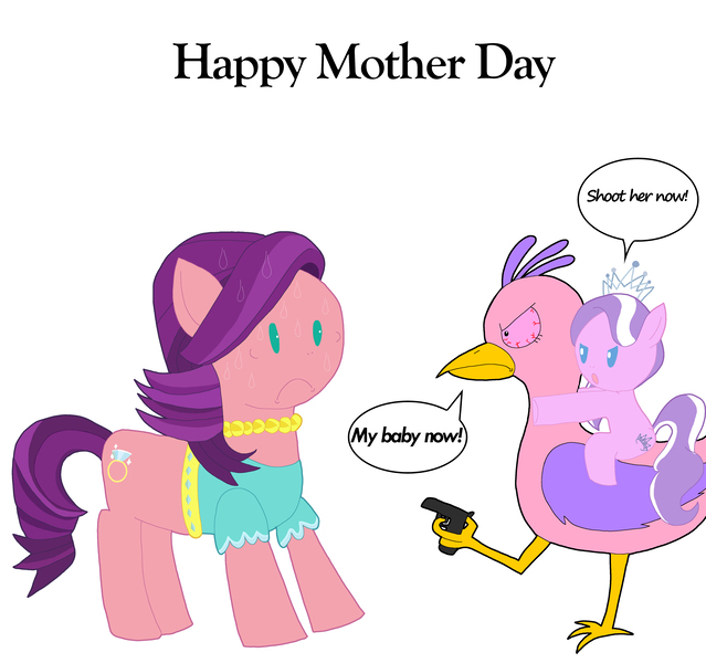 Size: 4368x4104 | Tagged: safe, derpibooru import, diamond tiara, spoiled rich, crossover, female, garten of banban, gun, image, jpeg, mother and child, mother and daughter, mother's day, opila bird, weapon