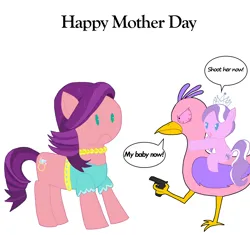 Size: 4368x4104 | Tagged: safe, derpibooru import, diamond tiara, spoiled rich, crossover, female, garten of banban, gun, image, jpeg, mother and child, mother and daughter, mother's day, opila bird, weapon