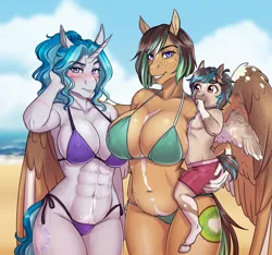 Size: 2715x2538 | Tagged: suggestive, artist:askbubblelee, derpibooru import, oc, oc:bubble lee, oc:caspian shanty, oc:kiwi breeze, unofficial characters only, anthro, pegasus, pony, unguligrade anthro, unicorn, abs, alternate universe, anthro oc, baby, beach, belly button, big breasts, blushing, body freckles, breasts, brother and sister, busty oc, digital art, erect nipples, female, foal, freckles, horn, huge breasts, image, male, mare, milf, mother and child, mother and daughter, mother and son, mother's day, muscles, muscular female, nipple outline, pegasus oc, png, siblings, smiling, unicorn oc, willowverse, wings