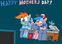 Size: 3018x2162 | Tagged: safe, artist:dragonboi471, artist:rainbowdashsmailbag, derpibooru import, firefly, rainbow dash, pony, g1, chips, couch, doritos, drink, female, food, image, mother and child, mother and daughter, mother's day, pizza, png, soda, television