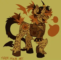 Size: 864x854 | Tagged: safe, artist:tigerstar art, derpibooru import, oc, unofficial characters only, pony, alternate design, collar, curved horn, horn, image, jpeg, male, nose piercing, nose ring, offset horn, open mouth, open smile, piercing, ponytail, punk, sharp teeth, simple background, smiling, solo, spiked armband, spiked collar, stallion, teeth, twitterina design, ugly, yellow background, yellow coat