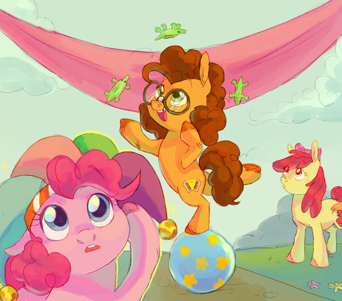 Size: 1700x1500 | Tagged: safe, artist:abbytabbys, derpibooru import, apple bloom, cheese sandwich, pinkie pie, earth pony, pony, alternate universe, apple bloom's bow, ball, banner, blue eyes, bow, brown mane, brown tail, cloud, colored hooves, colt, colt cheese sandwich, curly mane, curly tail, cute, day, detailed background, diacheeses, diapinkes, duo focus, eye clipping through hair, eyebrows, eyebrows visible through hair, eyelashes, female, filly, filly pinkie pie, foal, g4, glasses, grass, green eyes, hair bow, hat, hoof hold, image, in awe, jester hat, jpeg, juggling, looking at someone, male, open mouth, orange coat, orange eyes, outdoors, pink bow, pink coat, pink mane, raised hoof, raised hooves, red mane, red tail, role reversal, round glasses, standing, standing on one leg, tail, tooth gap, trio, underhoof, unshorn fetlocks, wingding eyes, yellow coat, younger