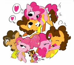 Size: 1430x1265 | Tagged: safe, artist:appledash3r_, derpibooru import, cheese sandwich, pinkie pie, earth pony, pony, brown mane, brown tail, cheesepie, clothes, curly mane, curly tail, cute, diacheeses, diapinkes, duo, duo male and female, emanata, eye clipping through hair, eyelashes, eyes closed, female, g4, glomp, hair bun, height difference, hug, image, jpeg, looking at each other, looking at someone, male, mare, no catchlights, older, older cheese sandwich, older pinkie pie, one eye closed, open mouth, open smile, orange coat, pink coat, pink mane, pink tail, plewds, shipping, shirt, simple background, smiling, speech bubble, stallion, straight, t-shirt, tail, text, tied mane, wavy mouth, white background