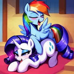 Size: 768x768 | Tagged: prompter needed, suggestive, ai content, derpibooru import, machine learning assisted, machine learning generated, rainbow dash, rarity, pegasus, unicorn, blushing, female, g4, horn, image, implied penetration, implied sex, jpeg, lesbian, ship:raridash, shipping, tongue out