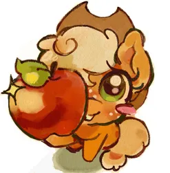 Size: 1186x1200 | Tagged: safe, artist:applepums, derpibooru import, applejack, earth pony, pony, apple, applejack's hat, blonde mane, blonde tail, blush sticker, blushing, colored, cowboy hat, cute, drawing challenge, eye clipping through hair, eyelashes, female, food, foreshortening, freckles, g4, green eyes, hat, hoof hold, image, jackabetes, jpeg, looking at you, mare, open mouth, open smile, orange coat, shiny eyes, simple background, sitting, smiling, solo, tail, tied tail, white background, wingding eyes