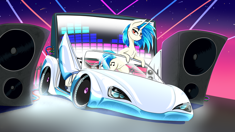 Size: 7680x4320 | Tagged: safe, artist:bumskuchen, derpibooru import, vinyl scratch, pony, unicorn, bassmobile, car, fog, horn, image, laser, looking at you, png, red eyes, simple background, solo, speaker, sports car, vehicle