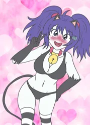 Size: 2081x2900 | Tagged: suggestive, artist:sumin6301, derpibooru import, rarity, cat, human, equestria girls, abstract background, alternate hairstyle, bell, bell collar, belly button, belly piercing, black bra, black panties, black underwear, bra, breasts, busty rarity, cat ears, catgirl, clothes, collar, eyebrows, eyebrows visible through hair, fangs, g4, heart, heart background, image, jpeg, lipstick, looking at you, open mouth, panties, peace sign, piercing, raricat, smiling, smiling at you, socks, striped socks, underwear