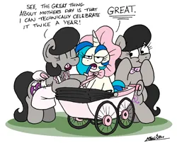 Size: 1872x1514 | Tagged: safe, artist:bobthedalek, derpibooru import, octavia melody, vinyl scratch, oc, oc:mixed melody, oc:octavia's mother, earth pony, pony, unicorn, ageplay, apron, baby carriage, bonnet, clothes, dialogue, female, happy, horn, image, infantilism, mare, mother and child, mother and daughter, mother's day, png, scrunchy face, stifling laughter, stroller, this will end in intensive mothering, unamused, vinyl scratch is not amused