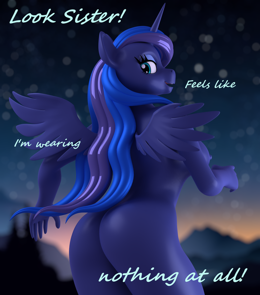 Size: 1500x1700 | Tagged: suggestive, artist:argos90, derpibooru import, princess luna, anthro, breasts, busty princess luna, butt, image, moonbutt, nothing at all, png, we don't normally wear clothes