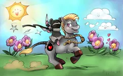 Size: 1263x778 | Tagged: safe, artist:charha, derpibooru import, oc, oc:sen, unofficial characters only, donkey, hamster, donkey oc, duo, flower, image, kunai, png, riding, running, sun