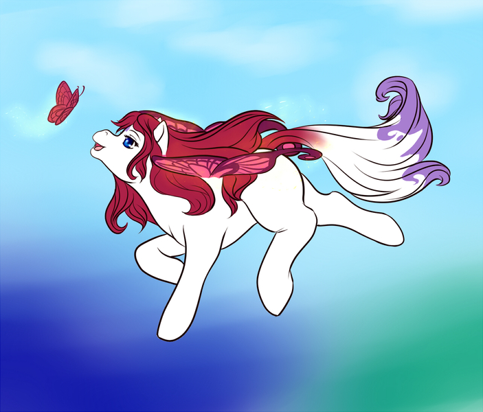 Size: 1280x1092 | Tagged: safe, artist:keroascrazy, derpibooru import, oc, unofficial characters only, butterfly, flutter pony, insect, pony, flying, gradient background, image, jpeg, looking at something, solo