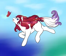 Size: 1280x1092 | Tagged: safe, artist:keroascrazy, derpibooru import, oc, unofficial characters only, butterfly, flutter pony, insect, pony, flying, gradient background, image, jpeg, looking at something, solo