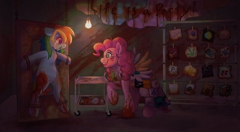 Size: 1670x924 | Tagged: grimdark, artist:y2kitty, derpibooru import, pinkie pie, rainbow dash, pony, fanfic:cupcakes, blood, clothes, cutie mark dress, dress, g4, image, jpeg