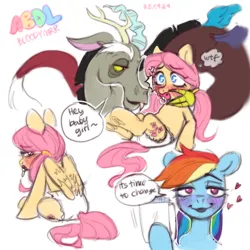 Size: 3000x3000 | Tagged: safe, artist:bloodymrr, derpibooru import, discord, fluttershy, rainbow dash, draconequus, pegasus, pony, abdl, alternate universe, dialogue, diaper, diaper fetish, embarrassed, female, fetish, g4, heart, image, looking at you, pacifier, png, ponytail, scared, simple background, sitting, smiling, text, trio, white background, wings