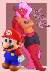 Size: 2696x3760 | Tagged: safe, artist:witchtaunter, derpibooru import, oc, anthro, breasts, clothes, commission, female, image, leaning, mario, png, super mario bros., talking, text