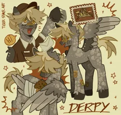 Size: 1473x1400 | Tagged: safe, artist:tigerstar_art, derpibooru import, derpy hooves, pegasus, pony, alternate design, alternate hairstyle, alternate tailstyle, bandage, bandaged wing, bandaid, bandaid on nose, blonde mane, blonde tail, cheek fluff, clothes, coat markings, colored, colored eartips, colored hooves, colored muzzle, colored wings, colored wingtips, dappled, dialogue, emanat, eye clipping through hair, eyelashes, female, flat colors, food, freckles, g4, gray coat, hair over eyes, hat, image, jpeg, large wings, mailmare, mailmare uniform, mare, muffin, multicolored wings, one wing out, open mouth, open smile, shirt, short mane, short mane derpy hooves, short tail, signature, simple background, smiling, solo, sparkles, speech bubble, spread wings, standing, stars, tail, talking, text, torn ear, triality, twitterina design, uniform, unshorn fetlocks, waving, wing fluff, wings, yellow background, yellow eyes