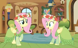 Size: 1280x800 | Tagged: safe, artist:brightstar40k, derpibooru import, fluttershy, changeling, pegasus, pony, base used, clothes, coronation dress, disguise, disguised changeling, double, dress, duo, female, flower, flower in hair, fluttershy's cottage, image, impostor, jpeg, mare, oh my, open mouth, open smile, smiling, uh oh, worried