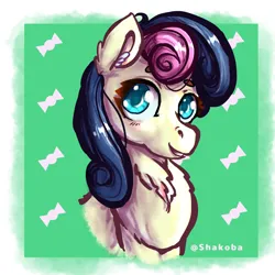 Size: 1280x1280 | Tagged: safe, artist:shakoba, derpibooru import, bon bon, sweetie drops, earth pony, pony, adorabon, bust, cute, female, g4, image, mare, png, signature, simple background, solo